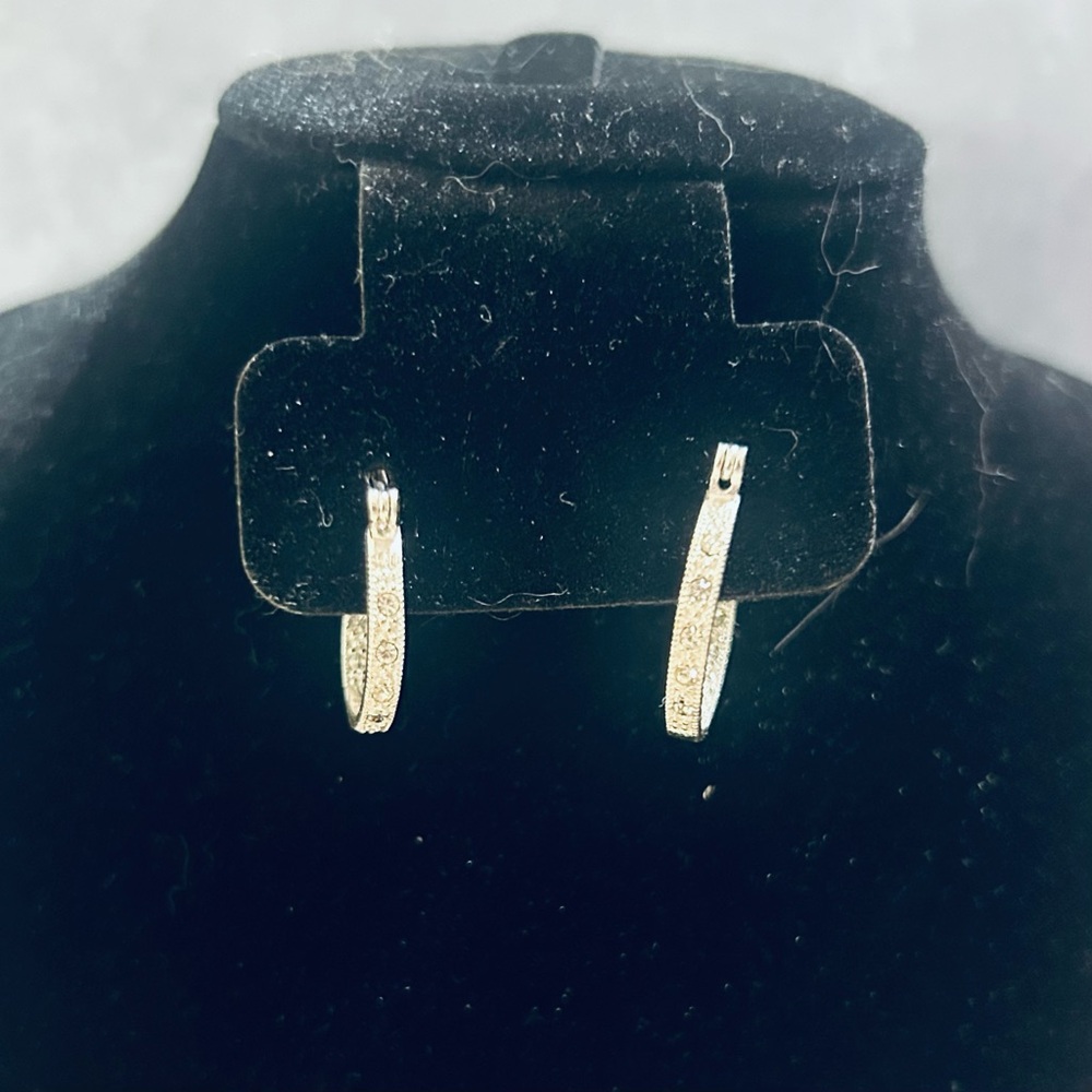 925 Silver Huggie Hoop Earrings -Crystal Accents & Hinged Closures, 3/4” diam.